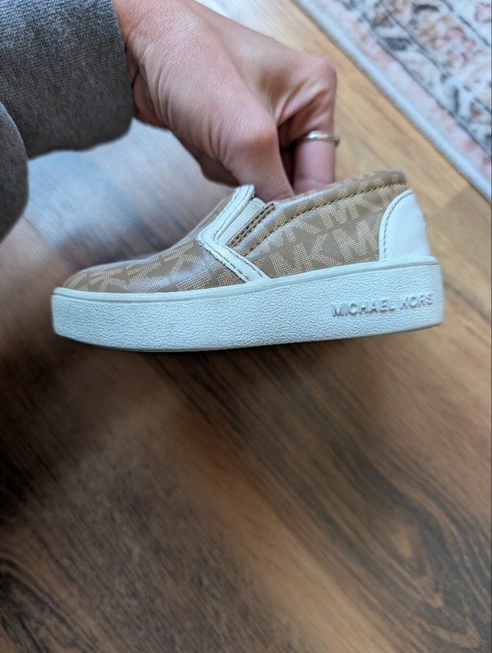 Michael Kors Baby/Toddler Girl Tan Monogram Slip-On Sneakers with White Sole 5